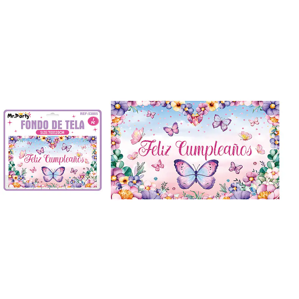 Fondo de tela feliz cumpleaños flor y mariposa 120*70cm 1