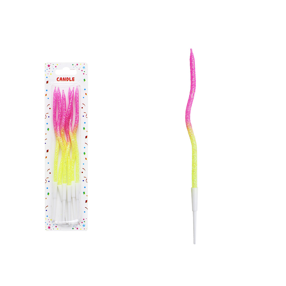 Vela curva alta brillante bicolor amarillo‑rosa 16cm 6pcs