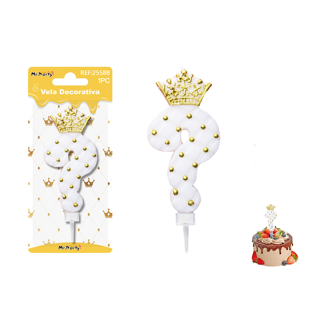 Vela de cumpleaños signo ? blanco con corona 9cm