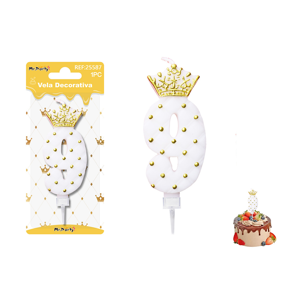 Vela de cumpleaños número 9 blanco con corona 9cm
