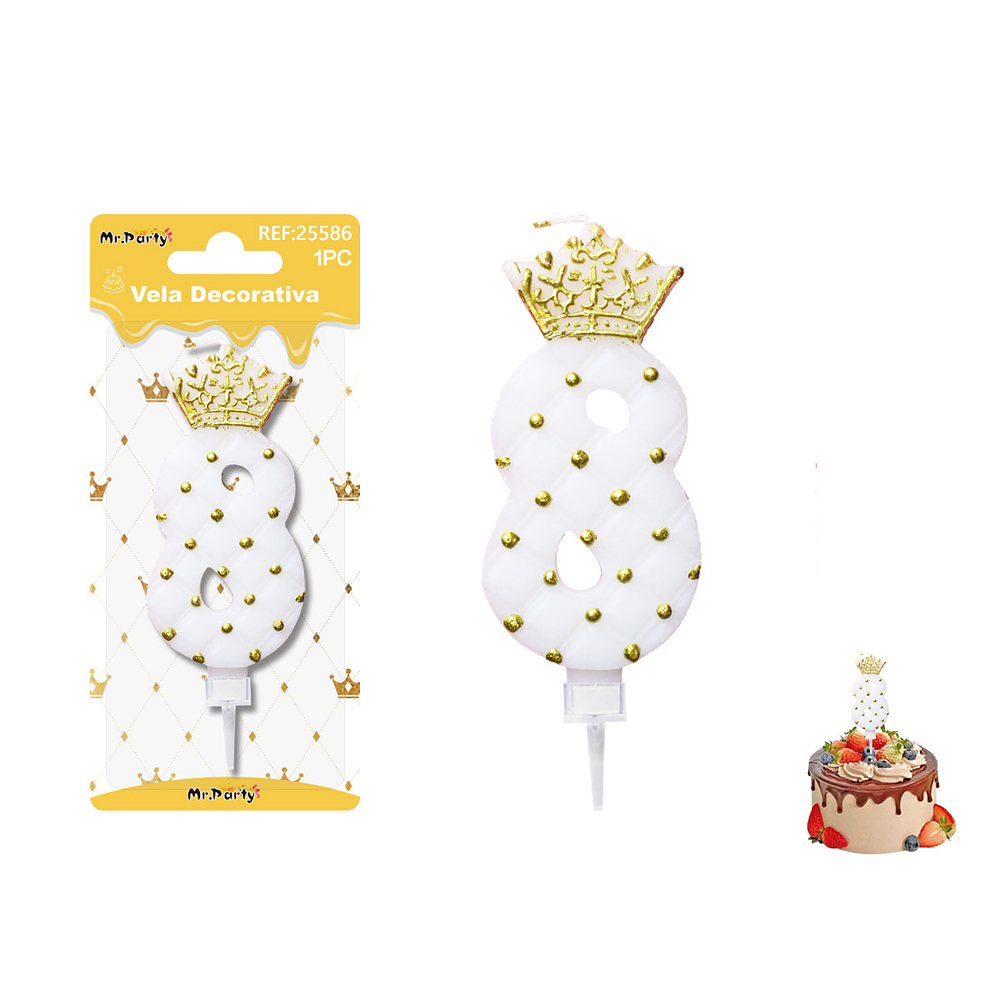 Vela de cumpleaños número 8 blanco con corona 9cm