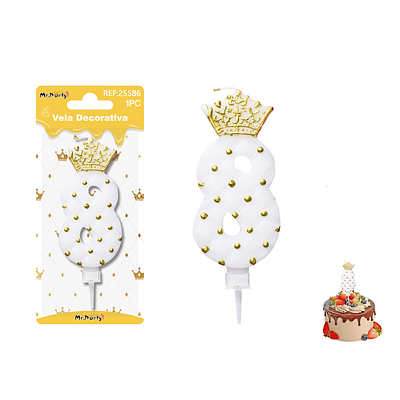 Vela de cumpleaños número 8 blanco con corona 9cm