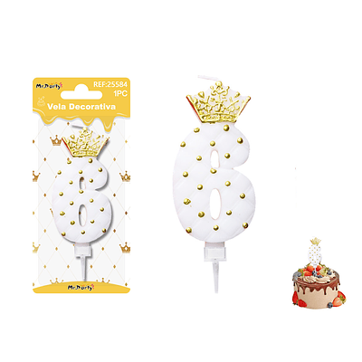 Vela de cumpleaños número 6 blanco con corona 9cm