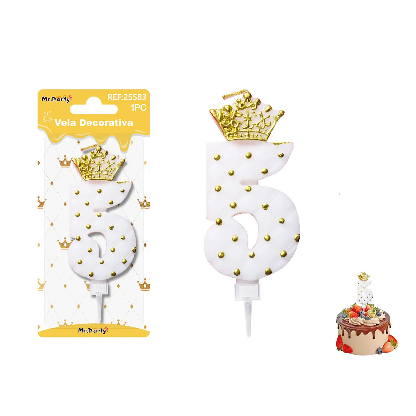 Vela de cumpleaños número 5 blanco con corona 9cm 1