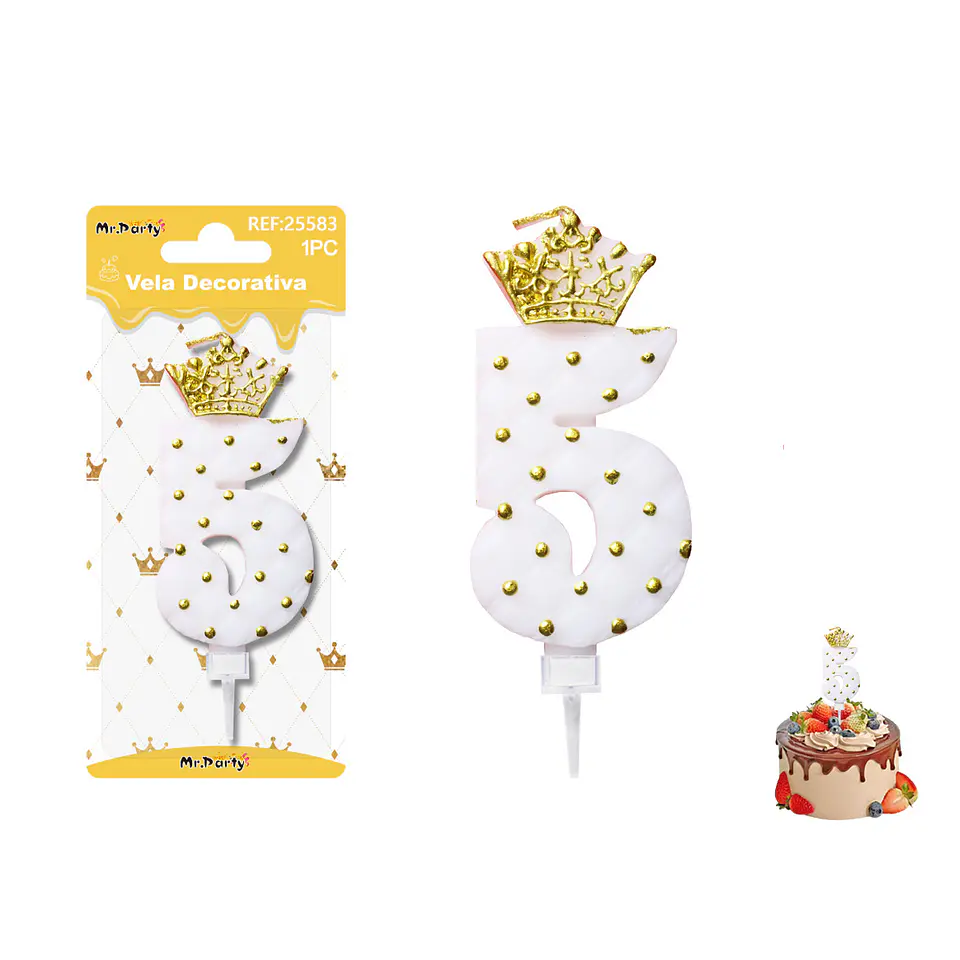 Vela de cumpleaños número 5 blanco con corona 9cm 1