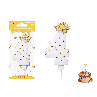 Vela de cumpleaños número 4 blanco con corona 9cm