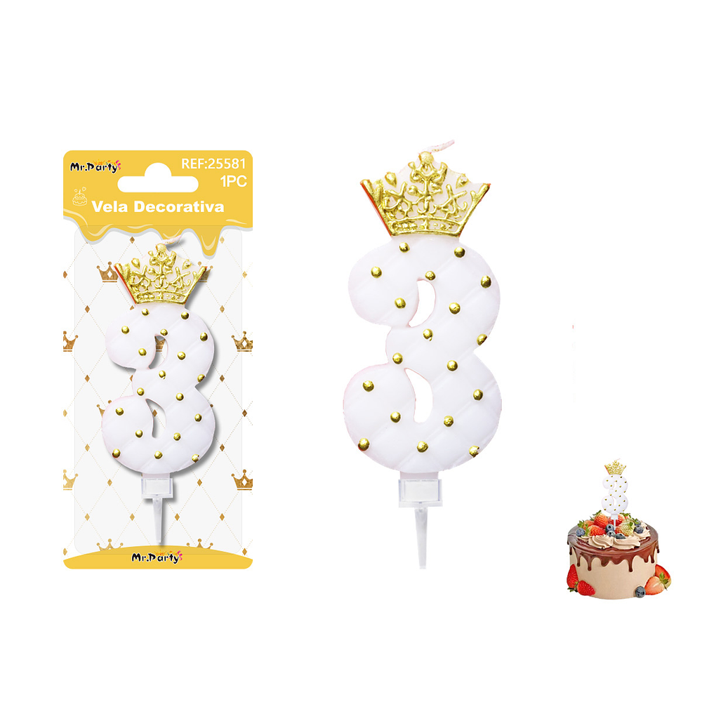 Vela de cumpleaños número 3 blanco con corona 9cm