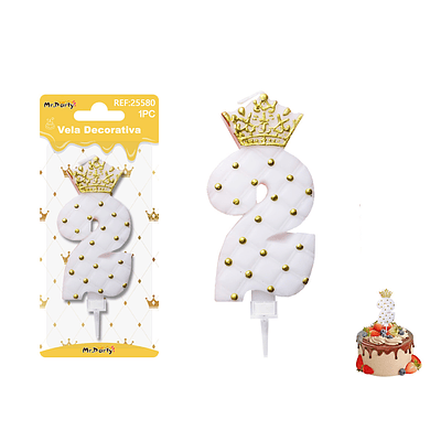 Vela de cumpleaños número 2 blanco con corona 9cm