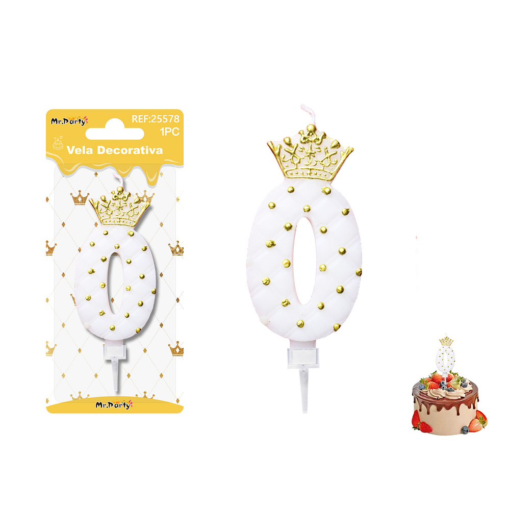 Vela de cumpleaños número 0 blanco con corona 9cm