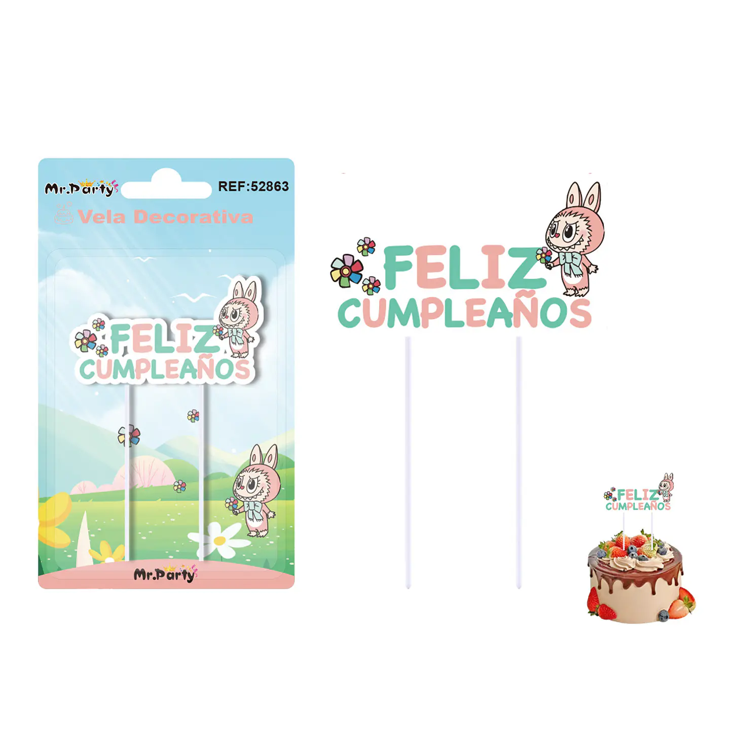 Vela de cumpleaños diseño labubu con arcoíris 4*7cm 1