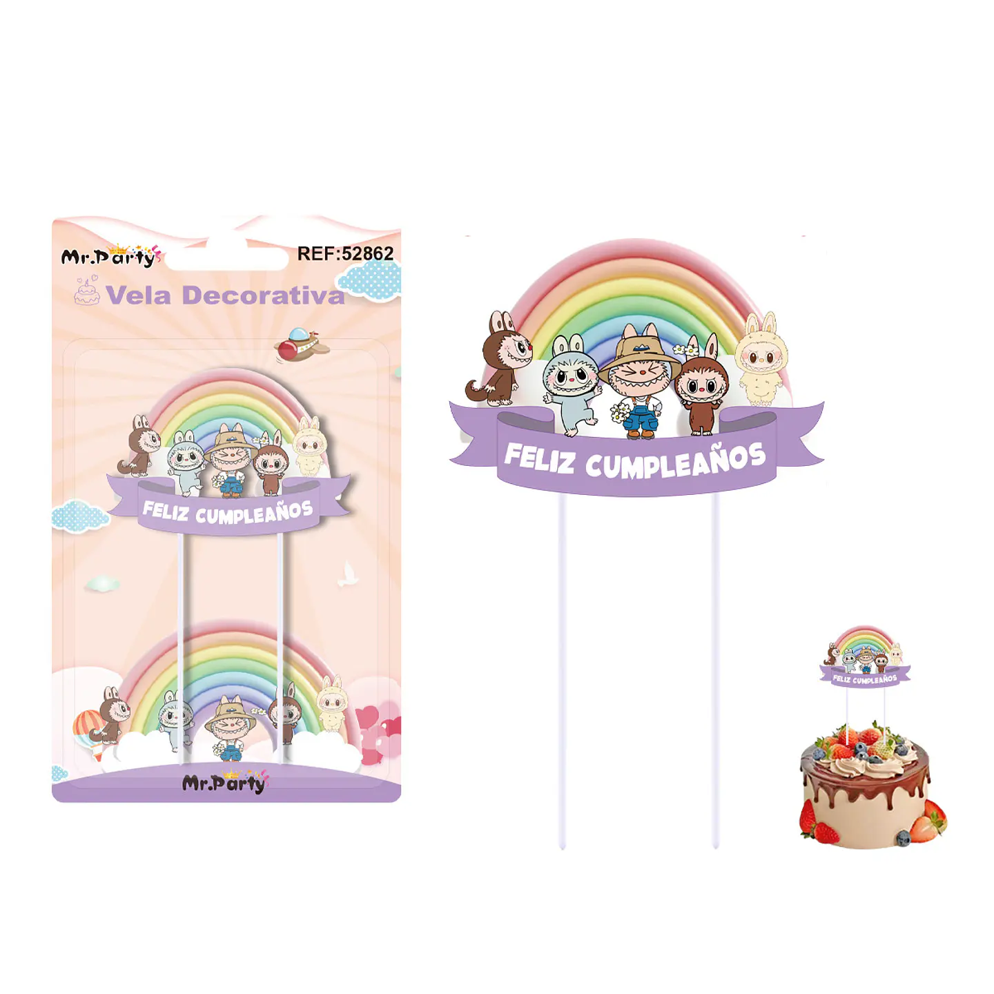 Vela de cumpleaños diseño labubu con arcoíris 4.5*6.5cm 1
