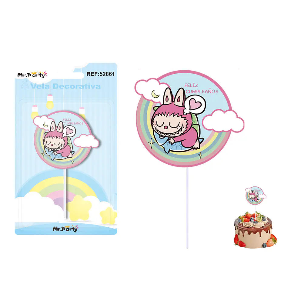 Vela de cumpleaños diseño labubu con arcoíris 5.5*6cm 1