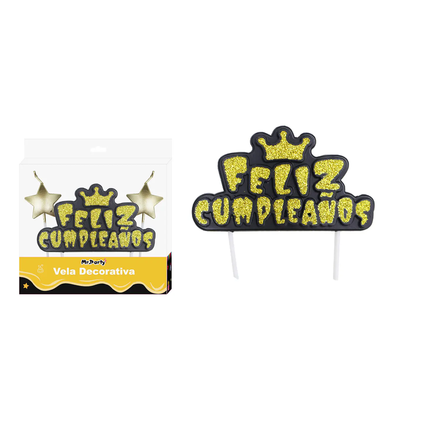 Vela de feliz cumpleaños fondo negro con brillo y estrellas 3pcs 1