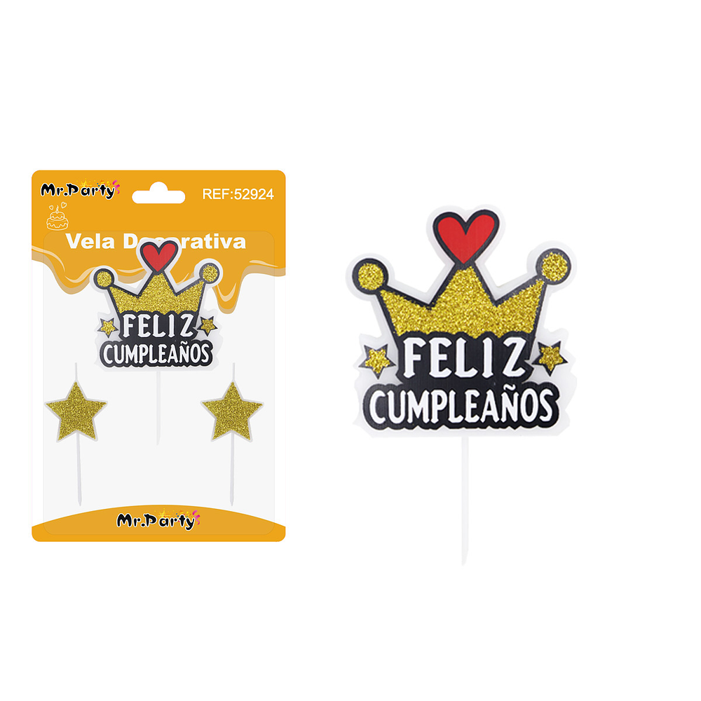 Vela de feliz cumpleaños fondo negro con corona y estrellas 6.9*7.1cm