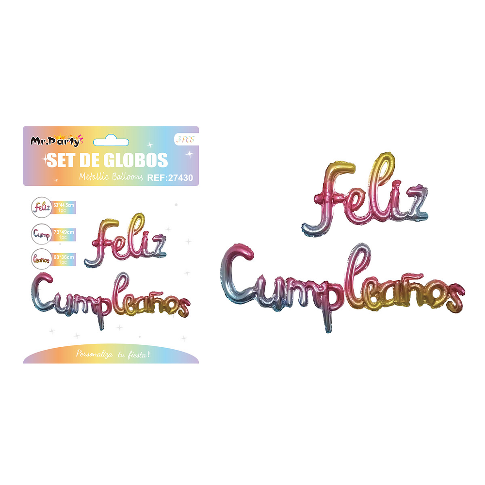 Set de globos metálicos feliz cumpleaños colores degradado 3pcs