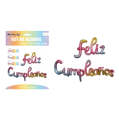 Set de globos metálicos feliz cumpleaños colores degradado 3pcs