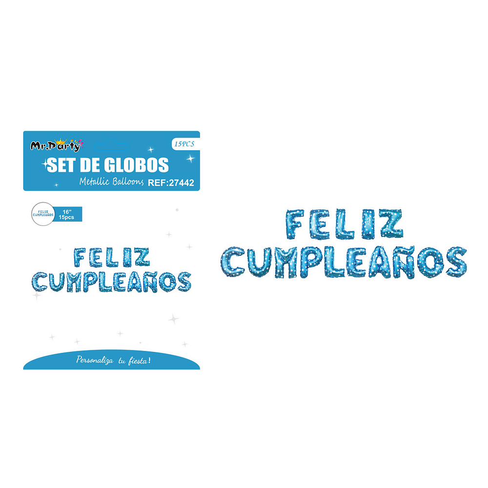 Set de globos metálicos feliz cumpleaños azul con puntos 15pcs
