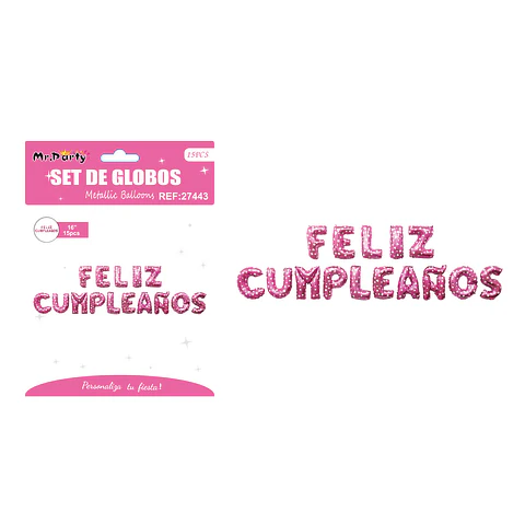 Set de globos metálicos feliz cumpleaños rosa con puntos 15pcs