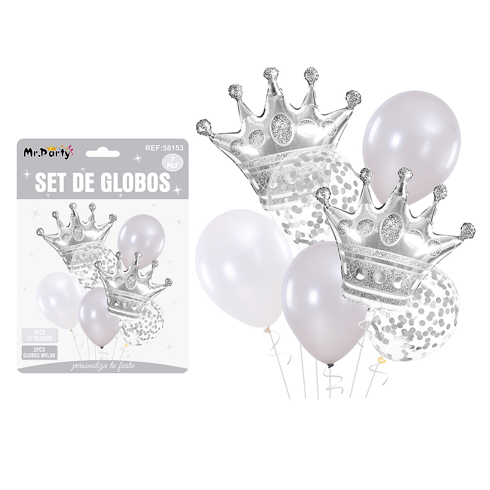 Set de globos plateado con corona 7pcs