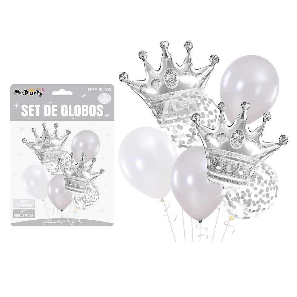 Set de globos plateado con corona 7pcs 1