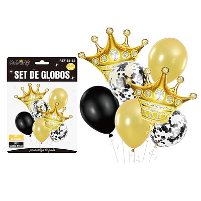 Set de globos dorado y negro con corona 7pcs