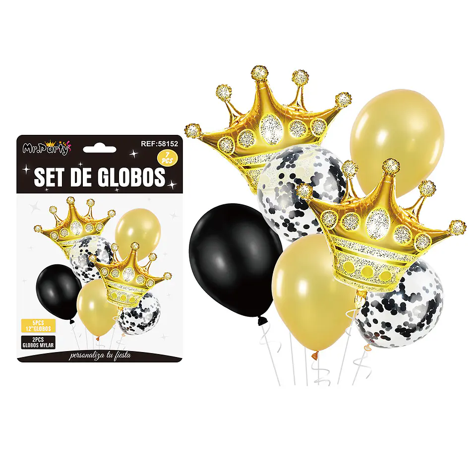 Set de globos dorado y negro con corona 7pcs 1