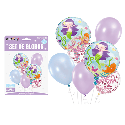 Set de globos sirena lila y celeste 7pcs