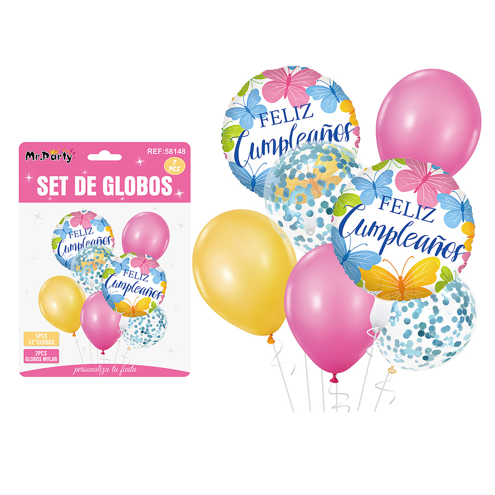 Set de globos mariposa rosa y amarillo 7pcs