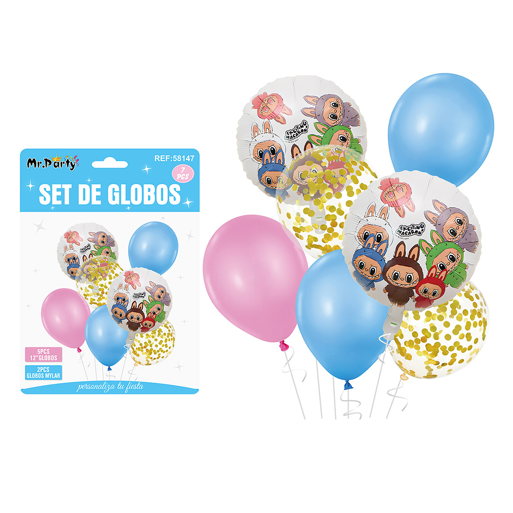 Set de globos Labubu rosado y azul 7pcs