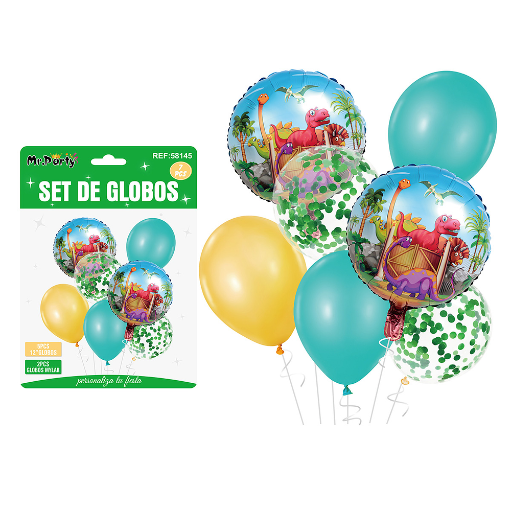 Set de globos dinosaurio amarillo y verde 7pcs
