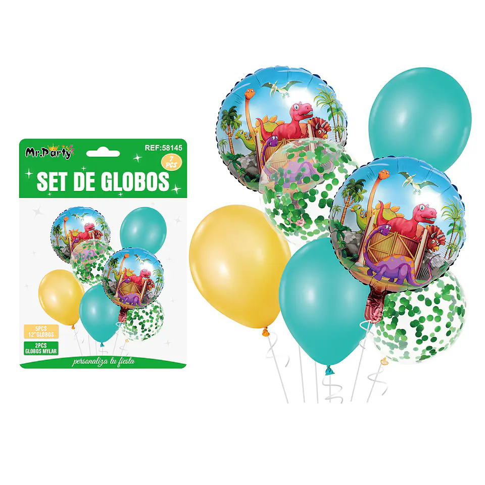 Set de globos dinosaurio amarillo y verde 7pcs 1