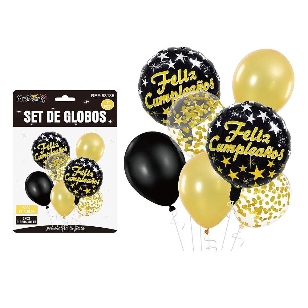 Set de globos dorado y negro 7pcs