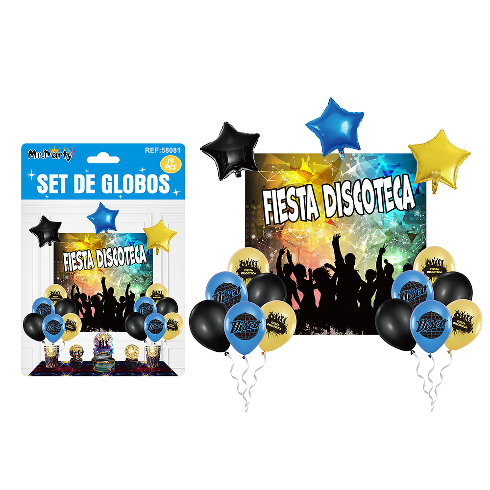 Set de globos látex con fondo de discoteca 19pcs