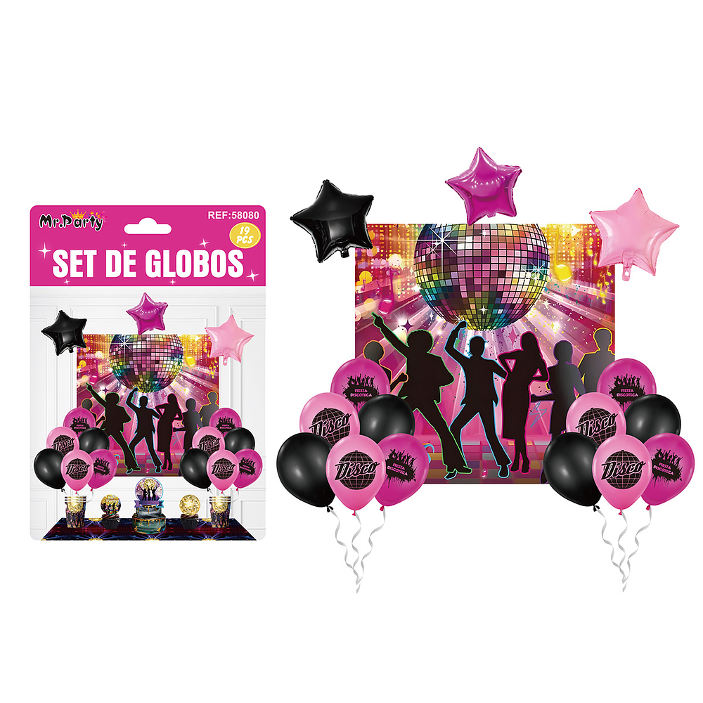 Set de globos látex con fondo de discoteca 19pcs