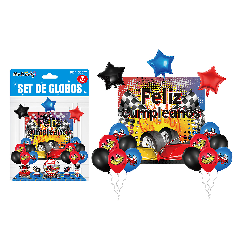 Set de globos látex con fondo de auto 19pcs