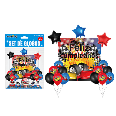 Set de globos látex con fondo de auto 19pcs