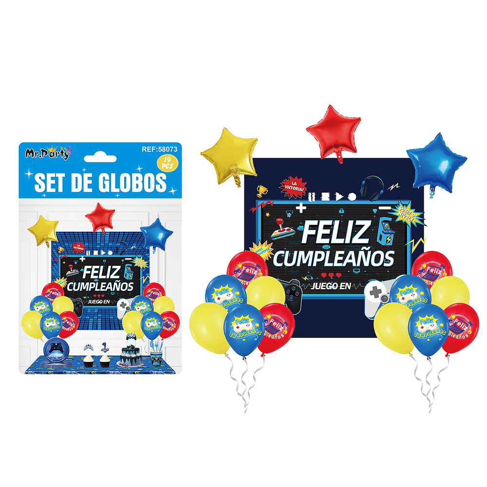 Set de globos látex con fondo de juego 19pcs