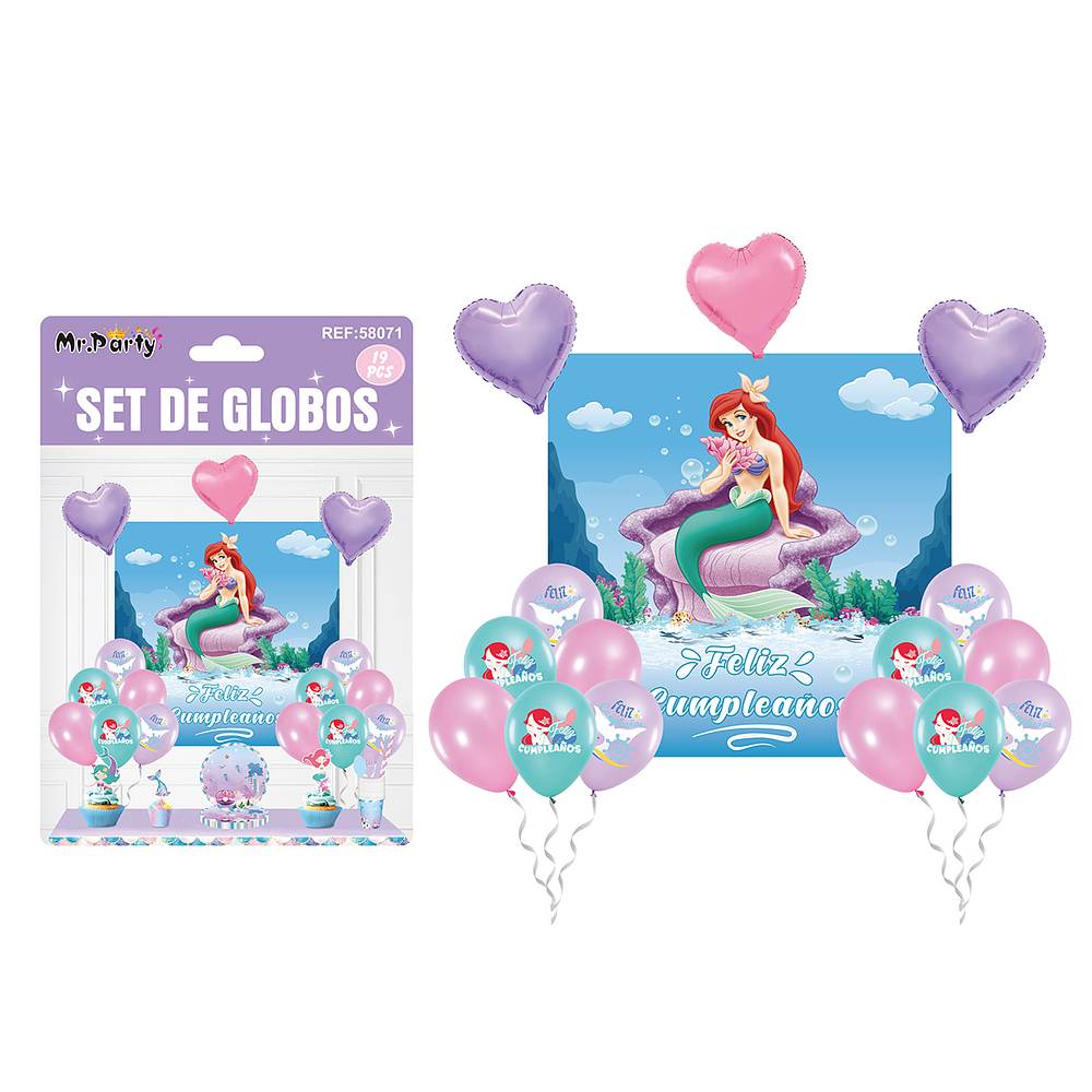 Set de globos látex con fondo de sirena 19pcs