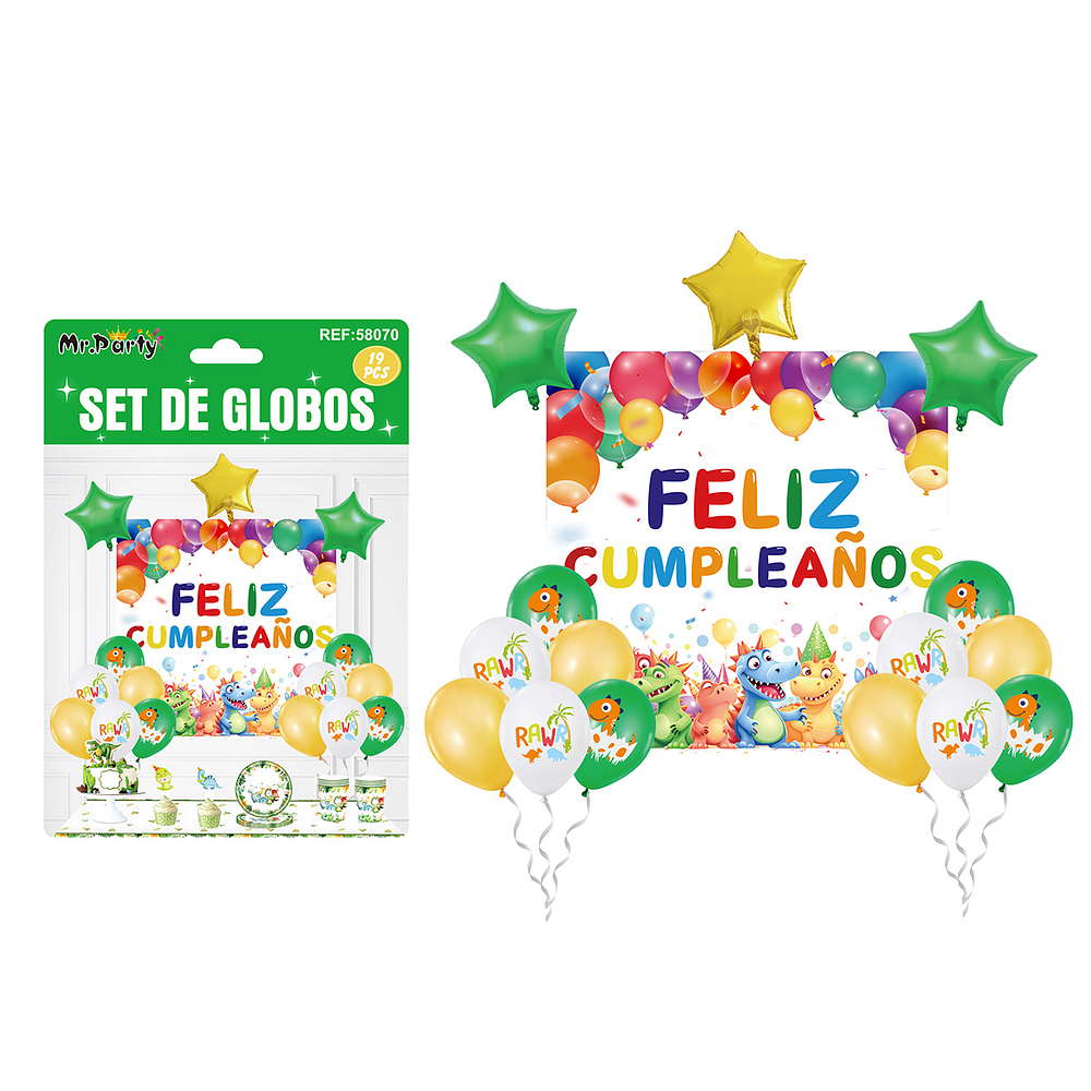 Set de globos látex con fondo de dinosaurios 19pcs