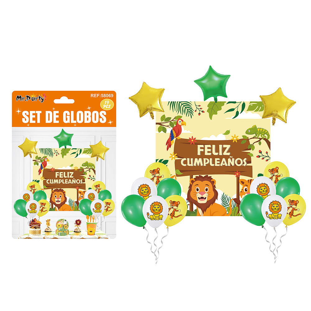 Set de globos látex con fondo de animales 19pcs