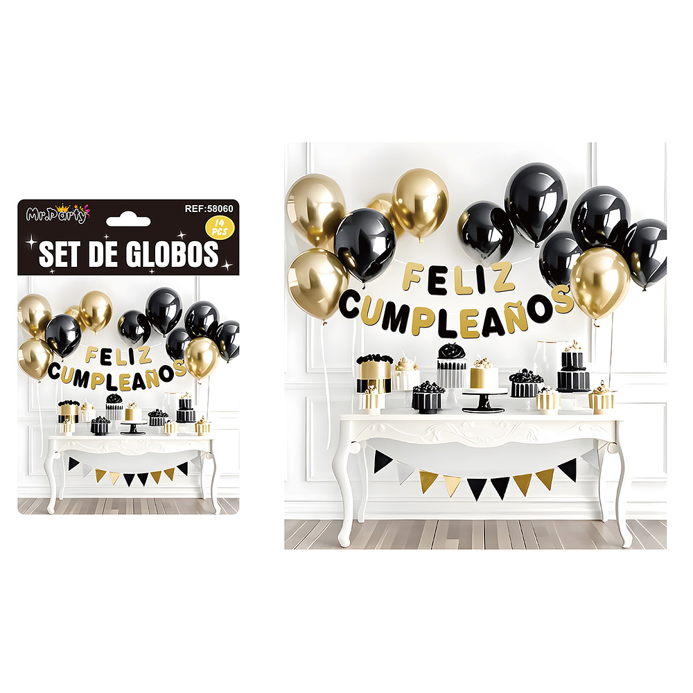Set de globos látex y guirnalda negro y dorado 14pcs