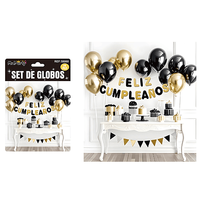 Set de globos látex y guirnalda negro y dorado 14pcs