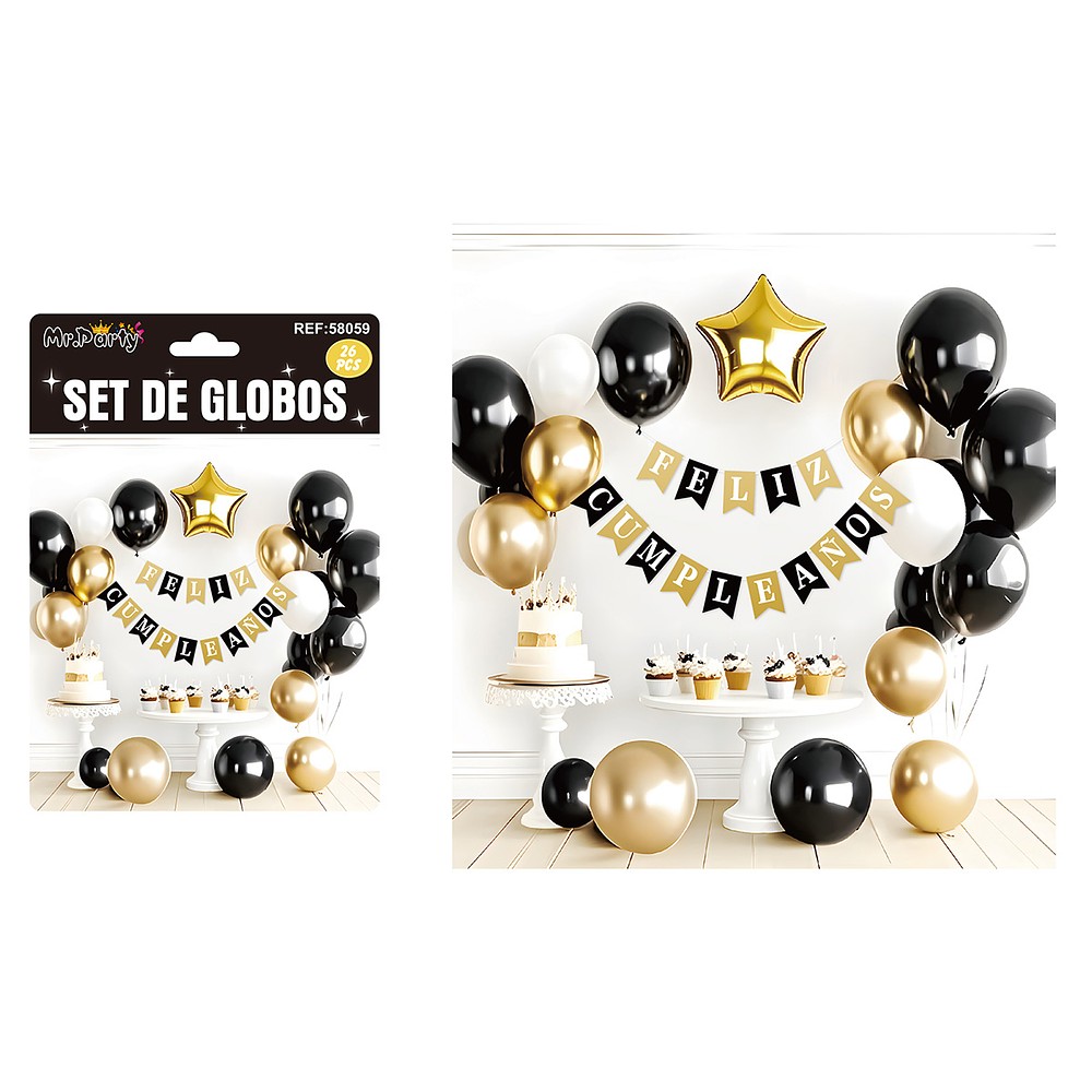 Set de globos látex y guirnalda negro y dorado 26pcs