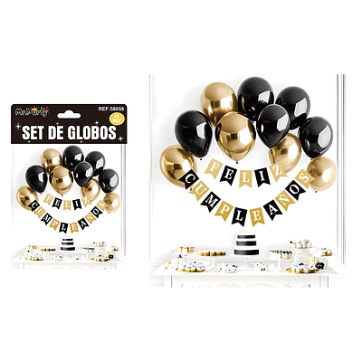 Set de globos látex y guirnalda negro y dorado 13pcs