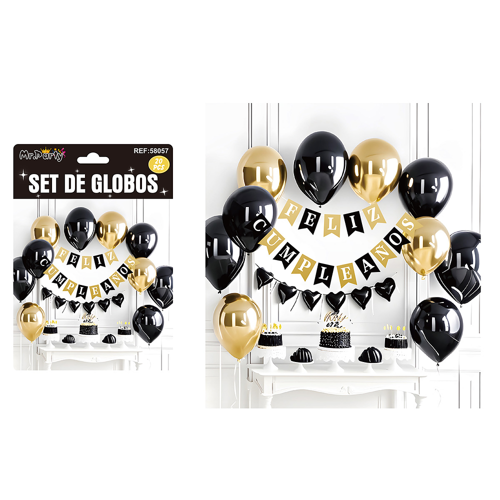 Set de globos látex y guirnalda negro y dorado 20pcs