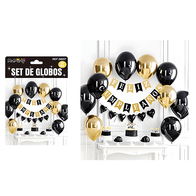 Set de globos látex y guirnalda negro y dorado 20pcs