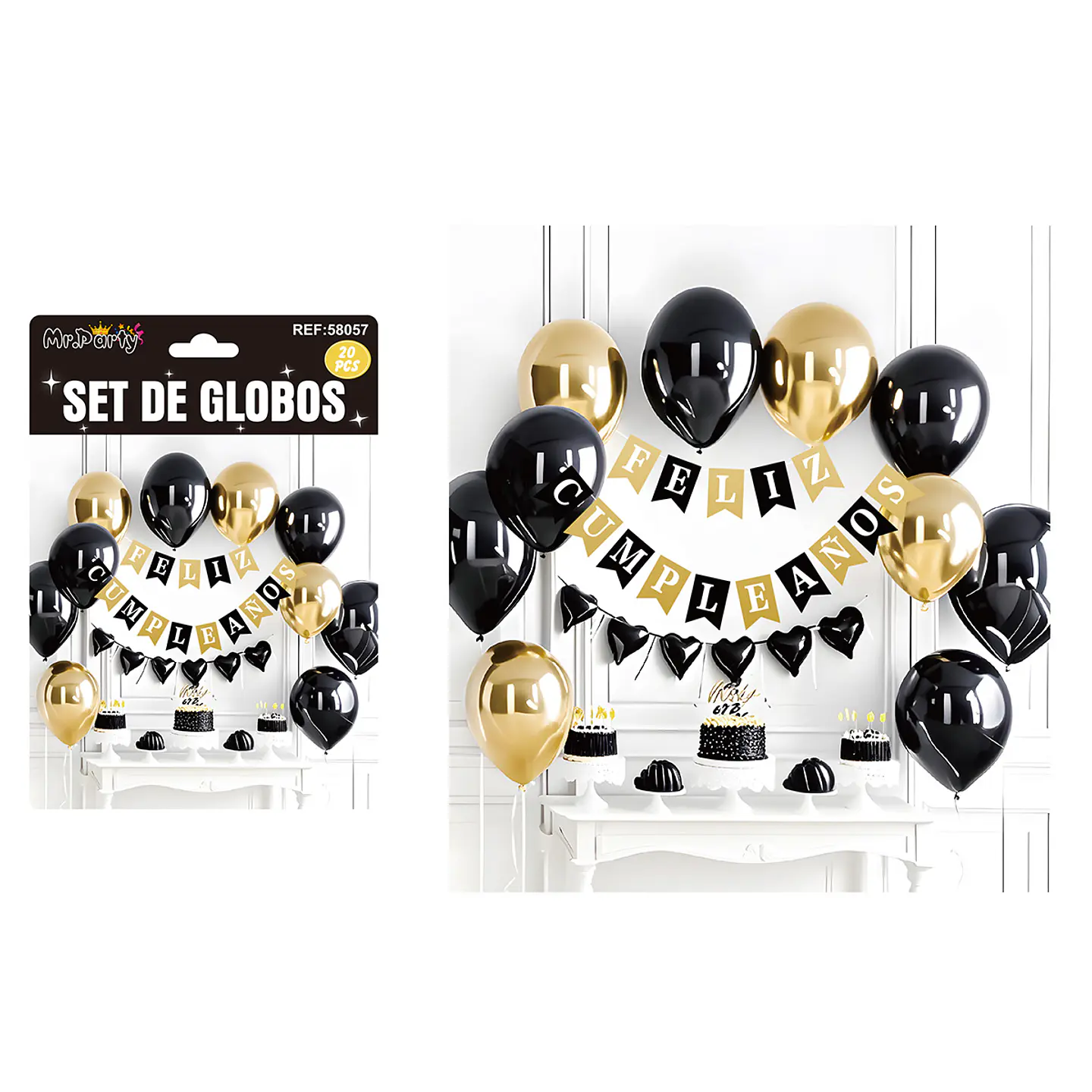 Set de globos látex y guirnalda negro y dorado 20pcs 1