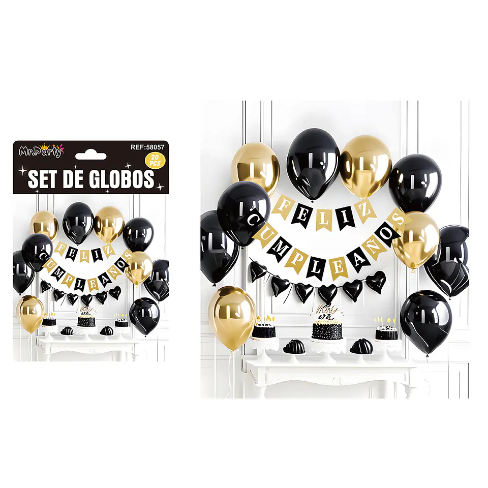Set de globos látex y guirnalda negro y dorado 20pcs 1