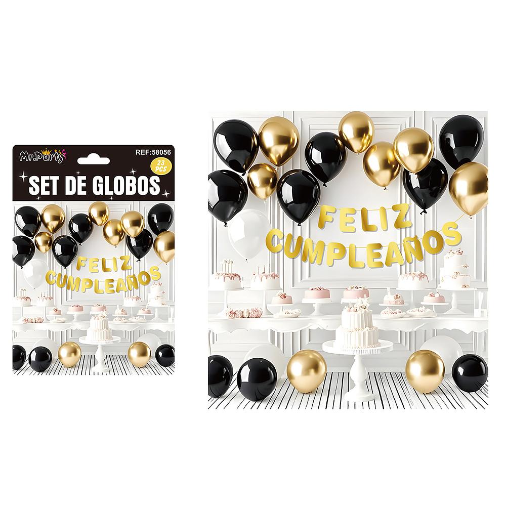 Set de globos látex y guirnalda negro y dorado 23pcs
