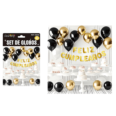 Set de globos látex y guirnalda negro y dorado 23pcs